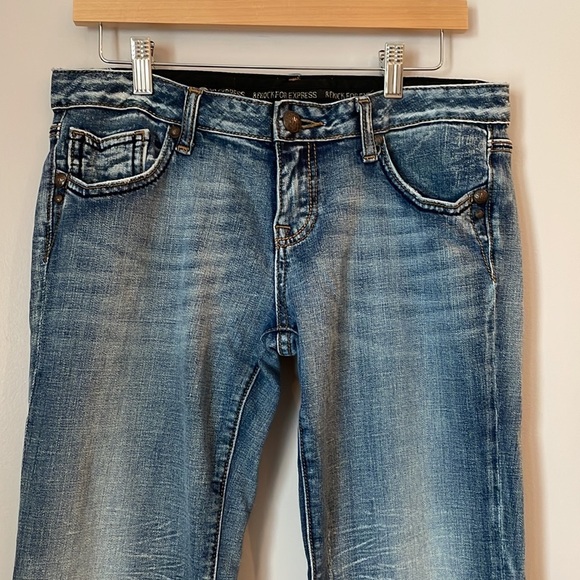 Rerock For Express Jeans SZ 8R Stretch Distressed Bootcut Design on Pockets - Picture 3 of 13